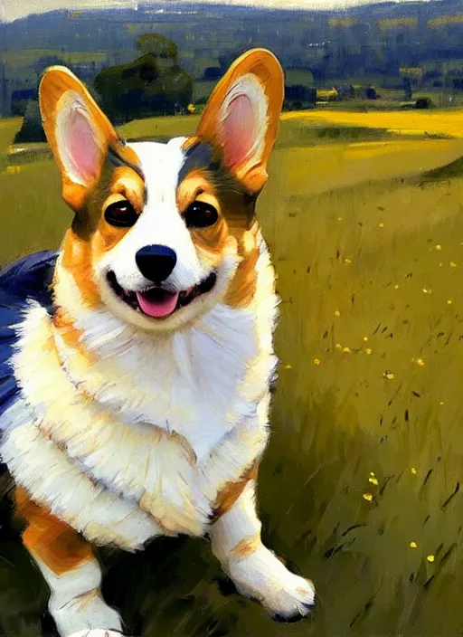 Image similar to Greg Manchess painting of a Corgi in Power Armor, countryside, calm, fantasy character portrait, dynamic pose, above view, sunny day, artwork by Jeremy Lipkin and Giuseppe Dangelico Pino and Michael Garmash and Rob Rey, very coherent asymmetrical artwork, sharp edges, perfect face, simple form, 100mm