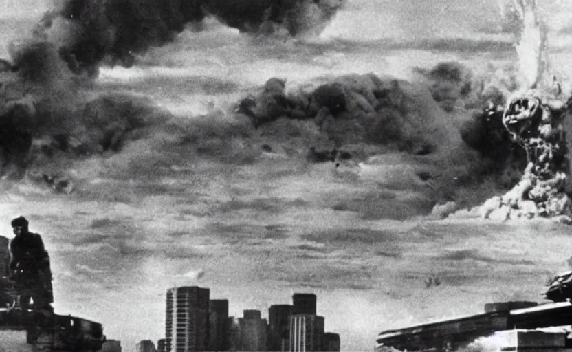 Prompt: a filmstill of Kim Jong-il, monster destroying Pyongyang, in Godzilla (1954) by Ishirō Honda, epic ultrawide shot, cinémascope