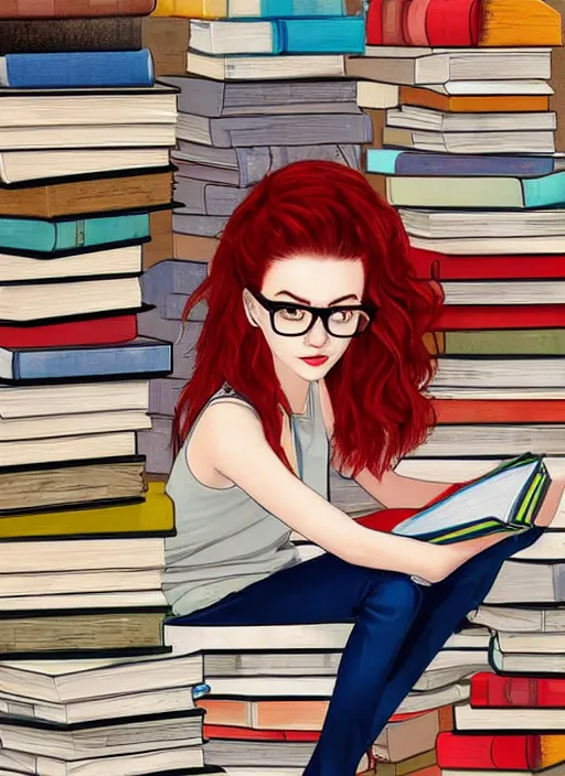 Prompt: a young woman with red hair in a bun and glasses sits on top of a tall pile of books. she is reading. clean pretty cartoon painting, cel shaded, beautiful detailed face.