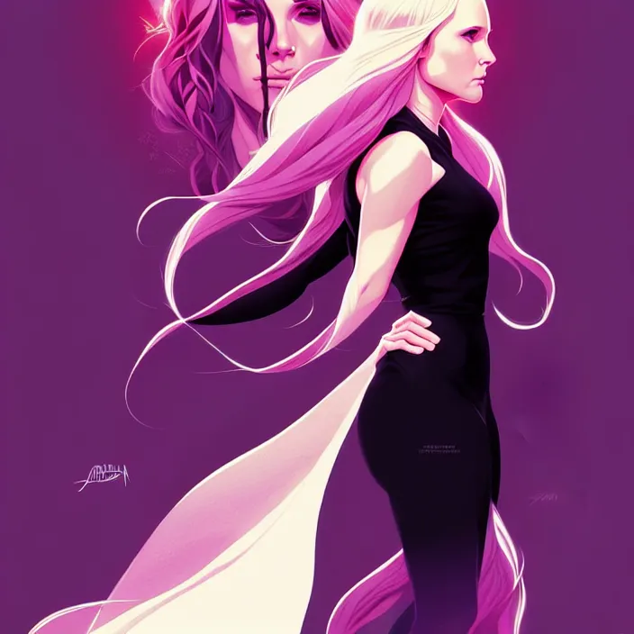 Image similar to style artgerm, joshua middleton, phil noto, beautiful kristen bell with black dress, very long white hair, symmetrical face, symmetrical eyes, purple fire powers fire swirling, detailed, forest setting, cinematic lighting