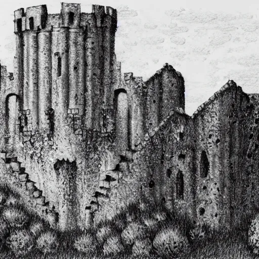 Image similar to ruined castle in the style of kentaro miura, 4 k, 8 k, absolute detailing of even the smallest details and particles, beautiful shadows, beautiful drawing