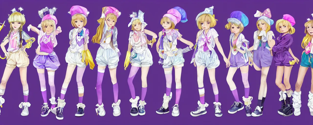 Image similar to A character sheet of full body cute magical girls with short blond hair wearing an oversized purple Beret, Baggy Purple overall shorts, Short Puffy pants made of silk, pointy jester shoes, a big billowy scarf, Golden Ribbon, and white leggings Covered in stars holding a paintbrush. Short Hair. Sunlit. Haute Couture. An artist\'s clothes. Art by william-adolphe bouguereau and Paul Delaroche and Alexandre Cabanel and Lawrence Alma-Tadema and Johannes Helgeson and WLOP. Smooth. Elegant. Highly Detailed. Intricate. 4K. UHD. Denoise.