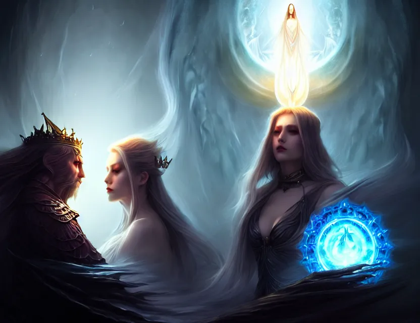 Prompt: the king of light faces the queen of darkness, a beautiful digital painting by wlop, volumetric light, intricate details, ultrarealistic, by art germ, by gerald brom, fantasypunk, deep colors, amazing d & d art, yin and yang theme, trending cgsociety, artstation, sharp, amazing wallpaper