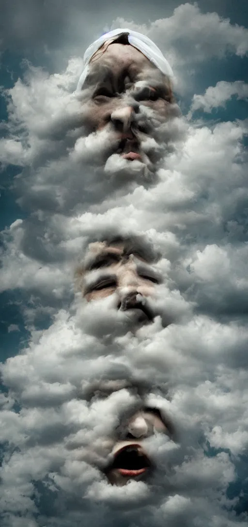 Prompt: human faces trapped in clouds, scary, horror, weird, surreal