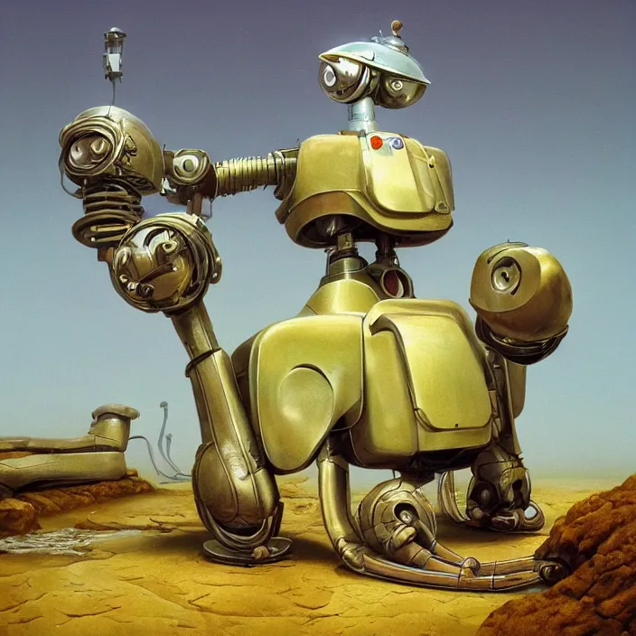 Prompt: quaint robot, science fiction, detailed, sharp focus, pastel, intricate, realistic, smooth, volumetric lighting, digital painting, by roger dean