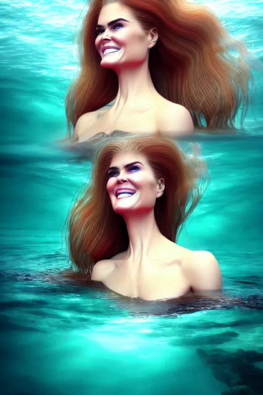 Image similar to mix of beautiful young maria shriver, mariel hemmingway, brooke shields, nicole kidman and elle macpherson as an underwater mermaid, thin lips, hair tied up in a pony tail, dark blonde hair, colorful, artstation, cgsociety