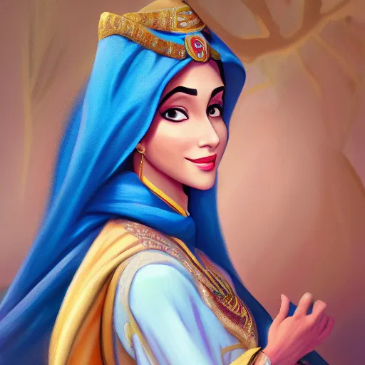 Prompt: a portrait of an arabian princess in a disney movie, oil painting, pale colors, high detail, 8 k, wide angle, trending on artstation,