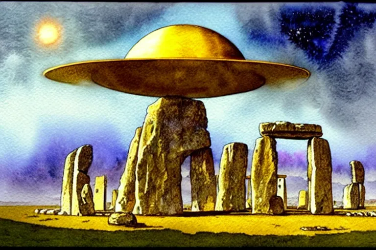 Image similar to a realistic and atmospheric watercolour fantasy concept art of a golden ufo landing on top of stonehenge. by rebecca guay, michael kaluta, charles vess and jean moebius giraud