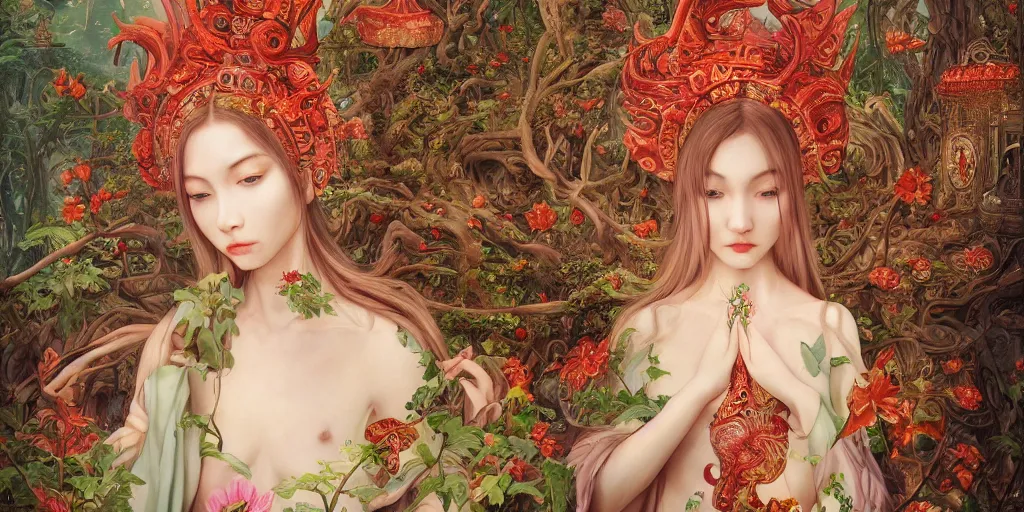 Image similar to breathtaking detailed concept art painting of the goddess of rafflesia arnoldii flowers, orthodox saint, with anxious, piercing eyes, ornate background, amalgamation of leaves and flowers, by Hsiao-Ron Cheng, James jean, Miho Hirano, Hayao Miyazaki, extremely moody lighting, 8K