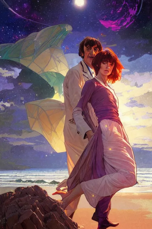 Image similar to the doctor who, patrick troughton on a beach, the ocean in the background, swirling colourful stars in the background, art by artgerm and greg rutkowski and alphonse mucha