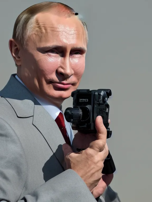 Prompt: 4K HD, high detail photograph, shot with Sigma f/ 4.2 , 250 mm sharp lens, shallow depth of field : (subject= Vladimir Putin holding a gun + subject detail= accurate body features, consistent, high detailed light refraction , high level texture render)