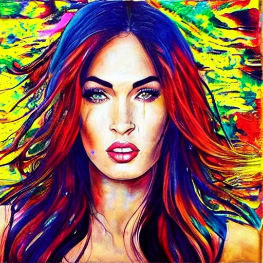 Image similar to “Megan Fox acid paints paintings, ultra detailed portrait, 4k resolution”