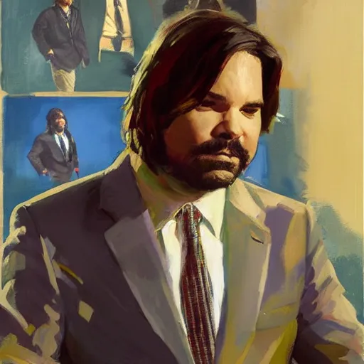 Image similar to a highly detailed beautiful portrait of matt berry as jackie daytona, by gregory manchess, james gurney, james jean