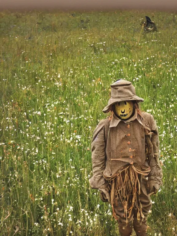 Image similar to human-like scarecrow wearing torn military clothes in beautiful meadow of flowers, ww1 photo, grainy, high detail, high resolution,