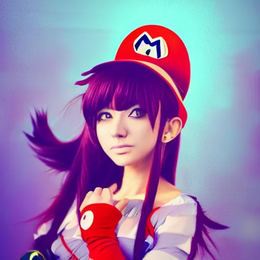 Prompt: anime catgirl cosplaying as super mario nft, bokeh, shader, anime art style, highly detailed, cel - shaded, colorful, animated, trending