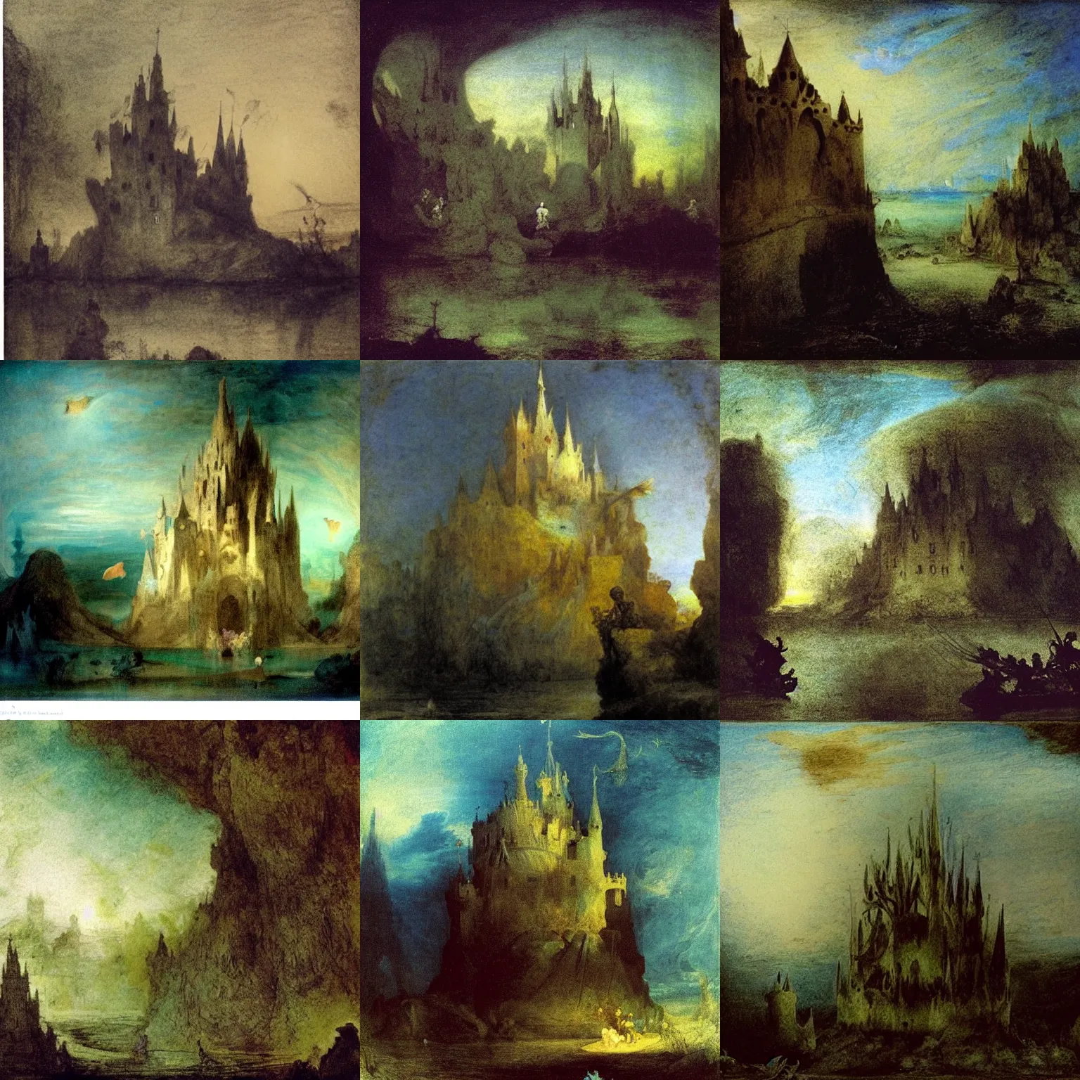 Prompt: a strange, beautiful, underwater fairy castle ( made from mud and bubbles ), in the bottom of the danube. blue hour lighting, lumnious, magical, high shadows, high contrasts, atmospheric, backlight photo sample, illustration by goya, jean antoine watteau, dulac, rembrant and jmw turner