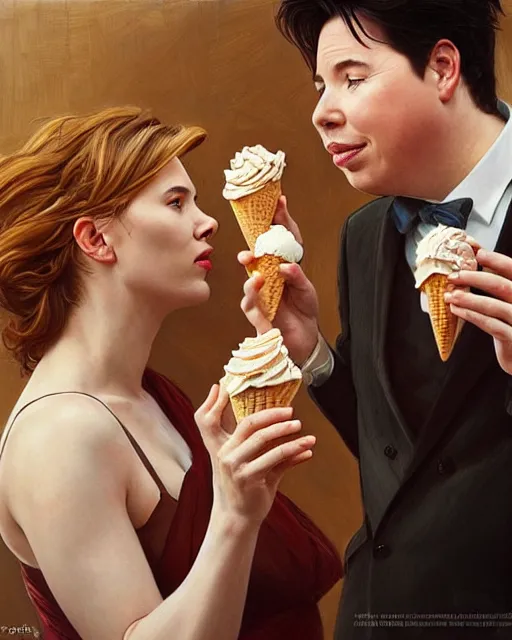 Image similar to Portrait of Michael Mcintyre & Scarlett Johanssen eating ice creams in Porto,real life skin, intricate, elegant, highly detailed, artstation, concept art, smooth, sharp focus, art by artgerm and greg rutkowski and alphonse mucha