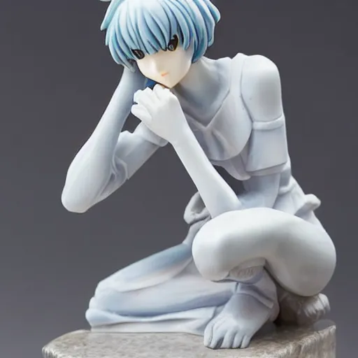 Image similar to intricate marble statue of rei ayanami kneeling relaxed, highly detailed