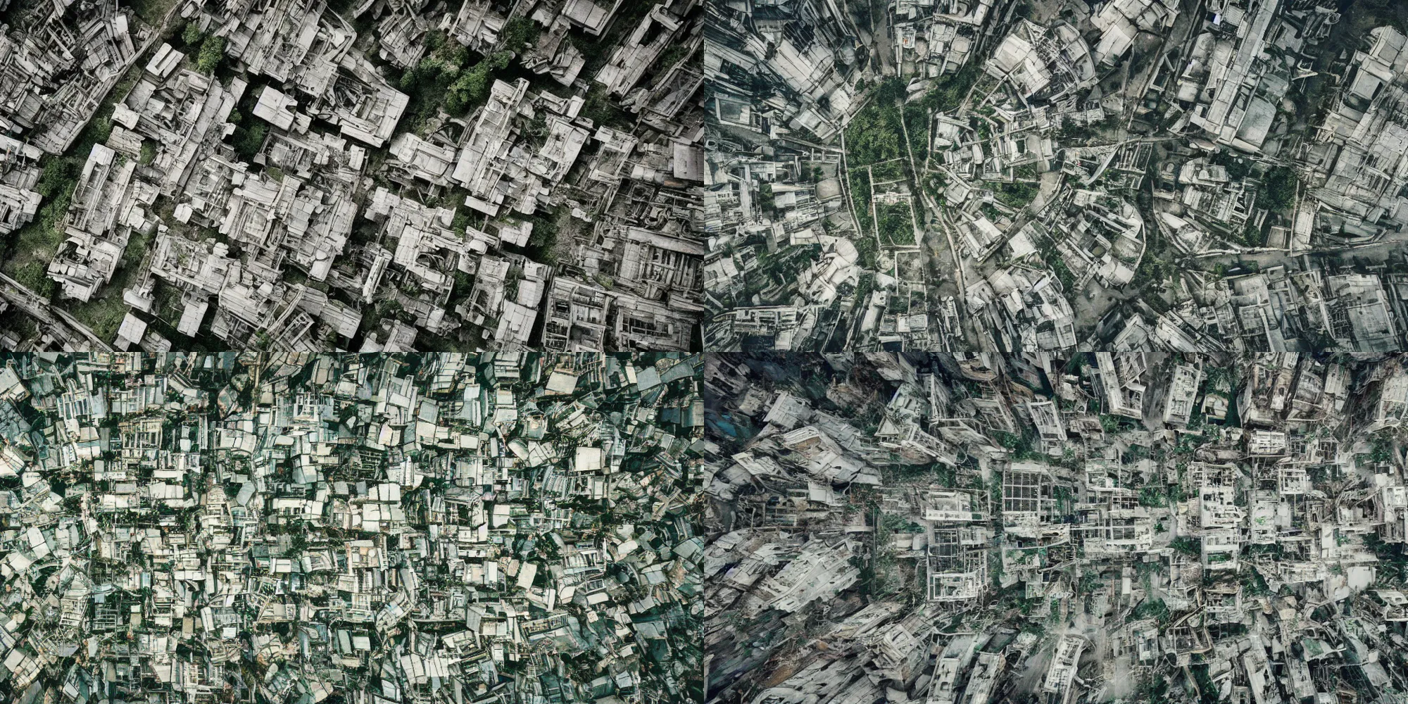 Prompt: film photograph of an empty ruined futuristic city, overgrown, aerial view, solarpunk, award - winning photography
