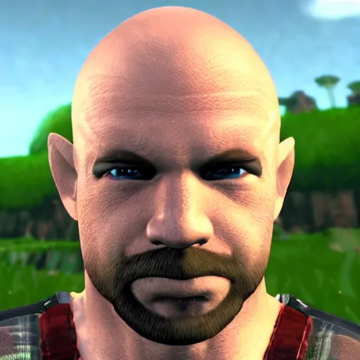 Image similar to character screenshot of bald ufc dana white, npc, ocarina of time, field, 3 6 0 p, bokeh, legend of zelda, detailed, dialog text