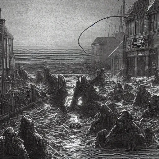 Prompt: Innsmouth, illustration by Gustave Doré