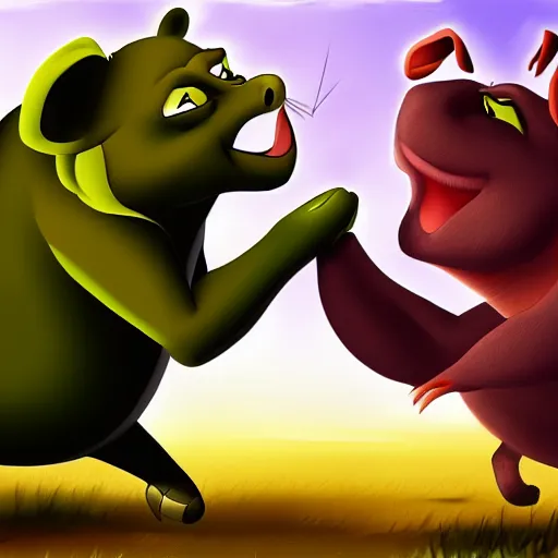 Prompt: a fight between Timon and Pumba, digital art, epic