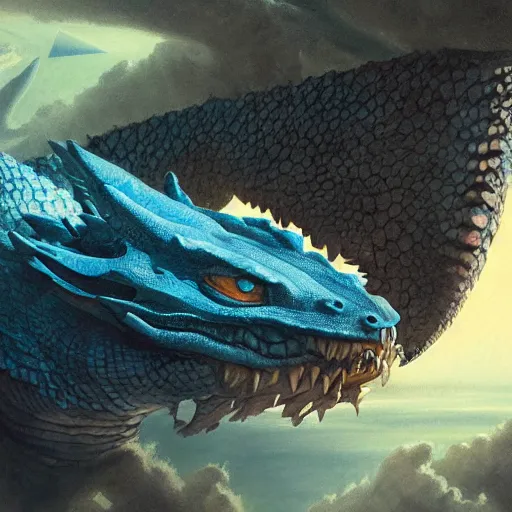 Image similar to Gigantic blue scaled dragon devouring an earth like planet while flying in space, sun system, behemoth, lizard, crocodile, drawing, by Greg Rutkowski