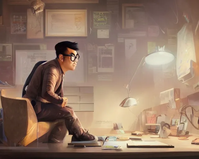 Image similar to an insanely detailed painting of a nerdy asian man wearing a superhero costume, sitting at a desk, staring at the nervously at the computer and typing, in the style of peter mohrbacher, dramatic lighting and composition, octane render, pixar, trending on artstation, concept art, comic book, view from behind