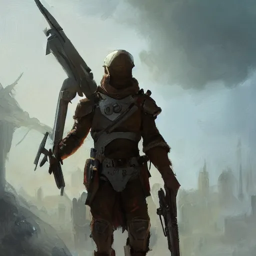 Prompt: handsome, brown - bearded far - future resistance fighter wearing partial byzantine power armor and shemagh carrying slender laser rifle with bayonet by greg rutkowski, deak ferrand, anato finnstark, and rembrandt