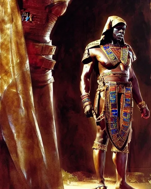 Image similar to concept art by anders zorn and craig mullins depicting djimon hounsou as a tall and very lean temple guard dressed in ancient egyptian decorative armor, flowing robes, harem pants, and leather strapped sandals