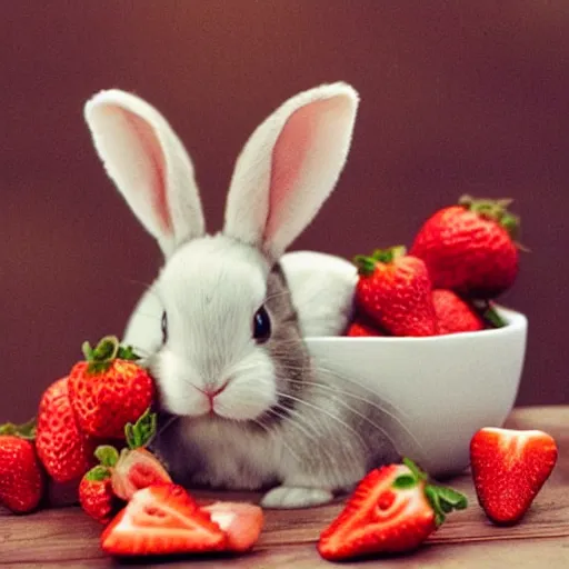 Prompt: a bunny eating strawberries, cute, photo realistic