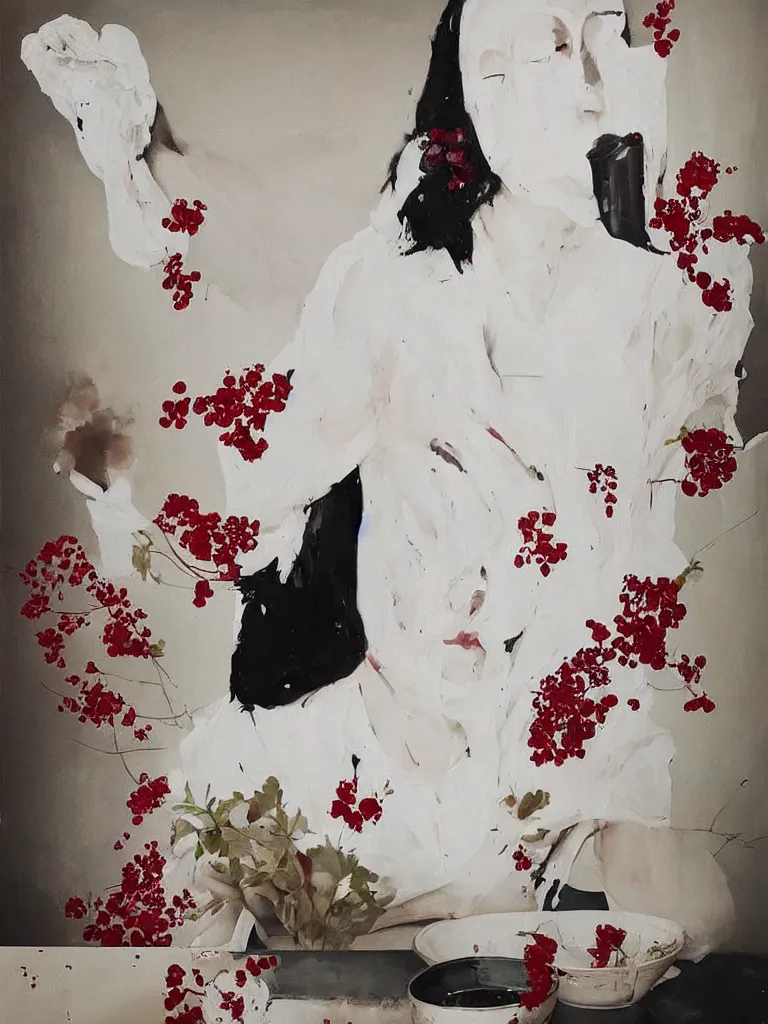 Image similar to “art in an Australian artist’s apartment, portrait of a woman wearing white cotton cloth, stained with fresh berries and maple syrup, white wax, edible flowers, Japanese pottery, ikebana, black walls, acrylic and spray paint and oilstick on canvas”