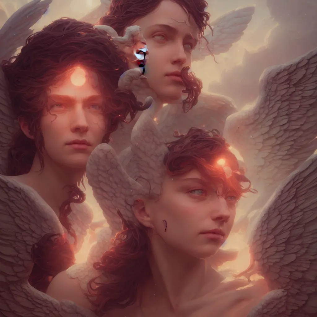 Image similar to beautiful very extreme closeup portrait, stone angels statues, unreal engine, greg rutkowski, loish, rhads, beeple, tom bagshaw, alphonse mucha, global illumination, detailed and intricate environment