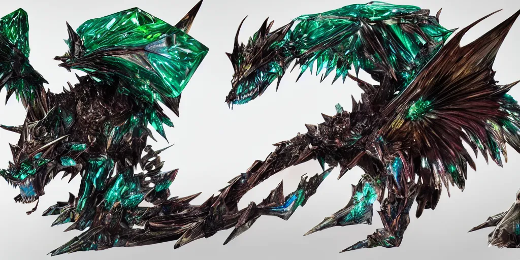 Image similar to Emerald four legged crystal bat, character design sheet, Monster Hunter Illustrations art book, big claws, sharp fangs, huge wings, long tail, iridescent scale patterns, cluster of crystals as spikes on its back, Moebius, Greg Rutkowski, Zabrocki, Karlkka, Jayison Devadas, Phuoc Quan, trending on Artstation, 8K, ultra wide angle, zenith view, pincushion lens effect.