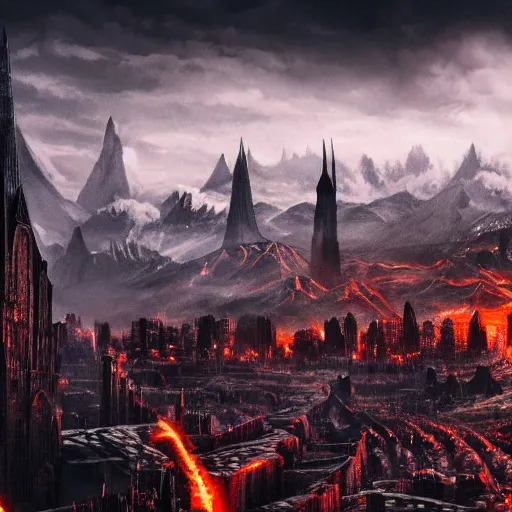 Image similar to mordor as a bustling city, highly detailed, sharp focus, skyline, vast, gothic, lord of the rings, mount doom, 4 k, fantasy, cinematic, dystopian