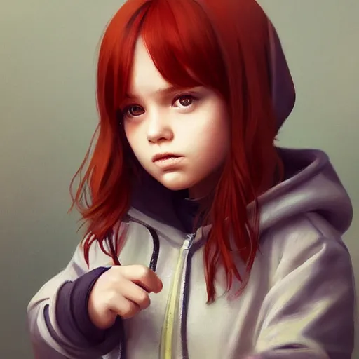 Image similar to a cute tiny girl with short red hair wearing a hoodie, digital art, very beautiful face, pretty face, very detailed eyes, full body illustration, 8 k resolution, soft painting, by greg rutkowski, wlop, rossdraws,