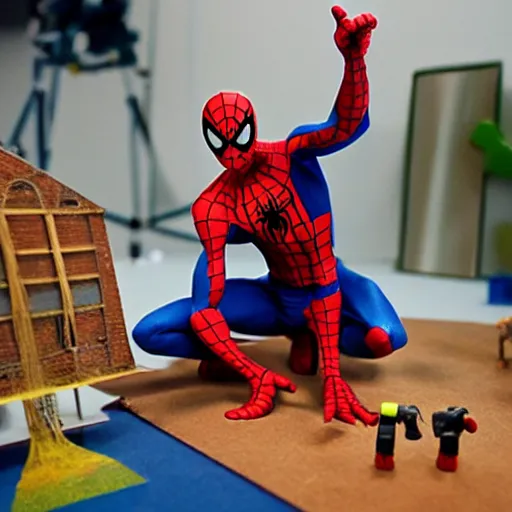 Prompt: a photo of a stopmotion animation filming set of spiderman