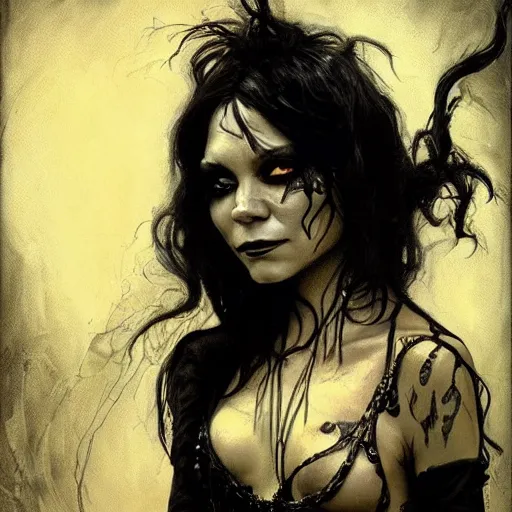 Image similar to beautiful portrait of vanessa hudgens as death from sandman, smiling, by cedric peyravernay, alphonse mucha, by jeremy mann, by lecouffe deharme, goth chic, soft lightning, eyeliner, punk rock, high detailed, 8 k