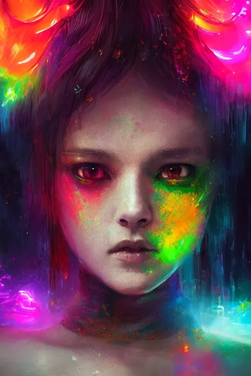 Prompt: a fancy portrait of a young Demon girl covered in rainbow flames by Greg Rutkowski, Sung Choi, Mitchell Mohrhauser, Maciej Kuciara, Johnson Ting, Maxim Verehin, Peter Konig, final fantasy , 8k photorealistic, cinematic lighting, HD, high details, atmospheric , trending on artstation