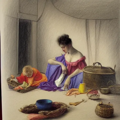 Image similar to colored pencil, detailed, cirque du soleil washed - out by edwin henry landseer. a beautiful drawing harmony of colors, simple but powerful composition. a scene of peaceful domesticity, with a mother & child in the center, surrounded by a few simple objects. colors are muted & calming, serenity & calm.