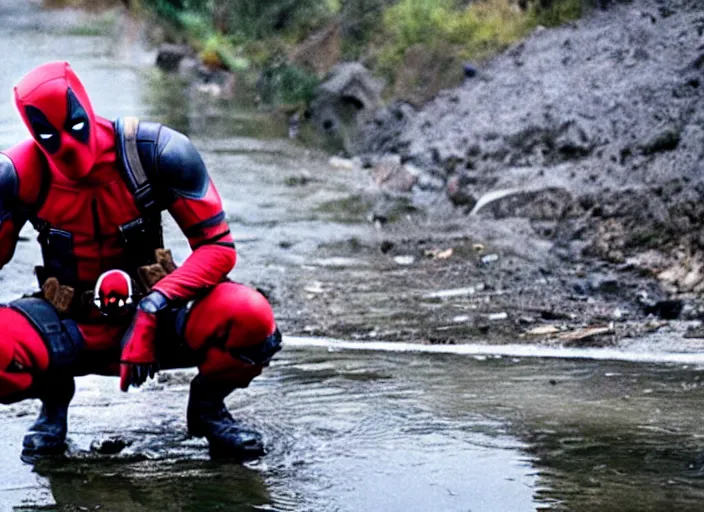 Image similar to film still of deadpool cleaning a sewer in the new dirty jobs tv series, 4 k