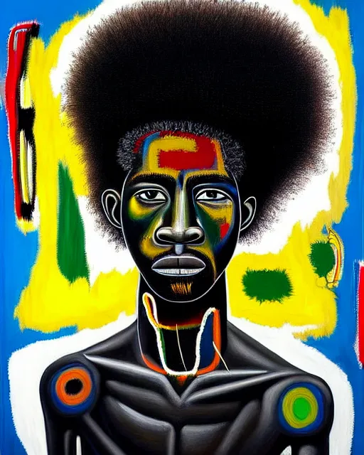 Image similar to A extremely ultra highly detailed majestic hi-res beautiful immaculate head and shoulders award winning painting stunning masterpiece of the face of a strong black african man with an afro by Jean-Michel Basquiat, 8k, high textures, ultra hyper sharp, insanely detailed and intricate, super detailed, 8k HDR ultra high quality