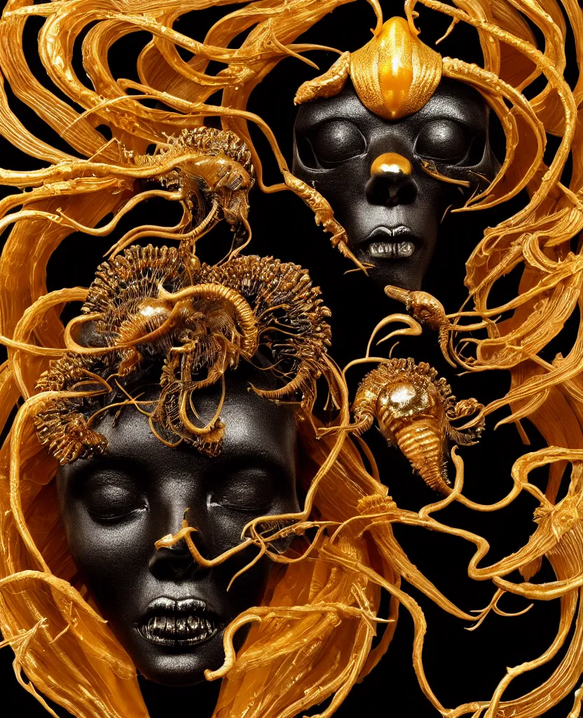 Image similar to black background. goddess princess face close-up portrait ram skull. sculpture made of gold and brilliants. jellyfish phoenix head, nautilus, orchid, skull, betta fish, bioluminiscent creatures, intricate artwork by Tooth Wu and wlop and beeple. octane render, trending on artstation, greg rutkowski very coherent symmetrical artwork. cinematic, hyper realism, high detail, octane render, 8k