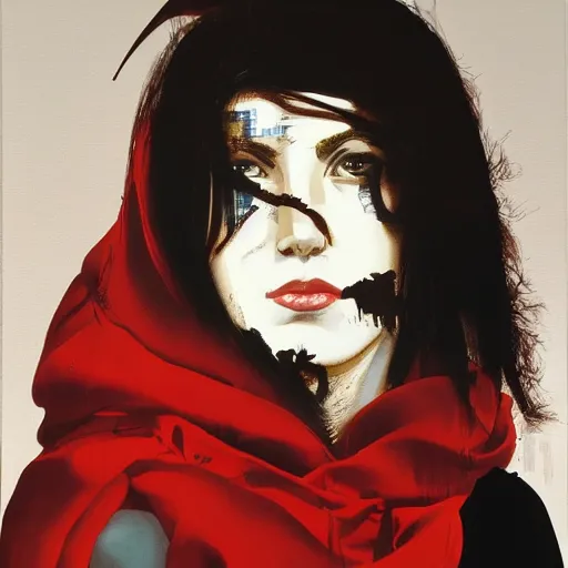 Prompt: portrait of a naive latin woman wearing a red hood, with a mechanical neon-eyed wren-bird sitting on her shoulder, oil on canvas by Yoji Shinkawa and Stina Persson