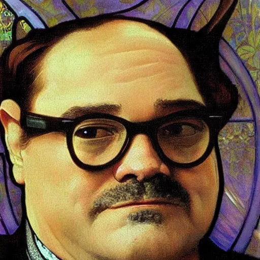 Image similar to “ portrait of george costanza from seinfeld holding grumpy cat, art nouveau, summer of george, by alphonse mucha ”