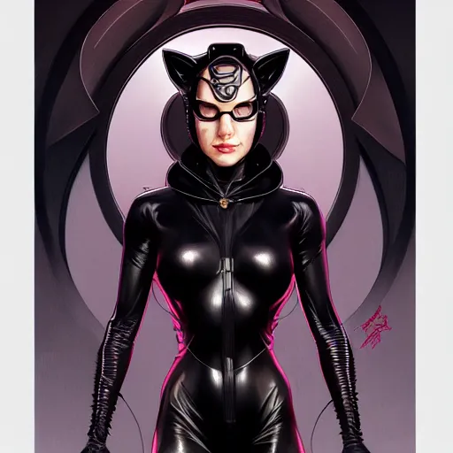 Image similar to symmetry!! catwoman, intricate, elegant, highly detailed, my rendition, digital painting, artstation, concept art, smooth, sharp focus, illustration, art by artgerm and greg rutkowski and alphonse mucha