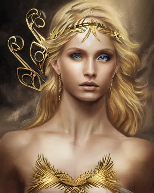 Image similar to tattoo sketch of hot blonde super model as aphrodite greek goddess wearing a gold laurel wreath and triangle earrings, beautiful piercing gaze with sharp pupils, in the style of greg rutkowski, fantasy, amazing detail, epic, elegant, smooth, sharp focus, front view