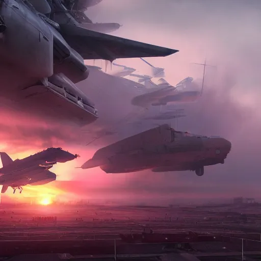 Prompt: extremely detailed mech battle surrounded by air ships and planes firing against a unknown enemy in the fog, stunning volumetric light, sunset, metal, concrete and translucent material, stunning skies, trending on Artstation, 8k, photorealistic, hyper detailed, unreal engine 5, IMAX quality, cinematic, epic lighting, in the style of Greg Rutkowski