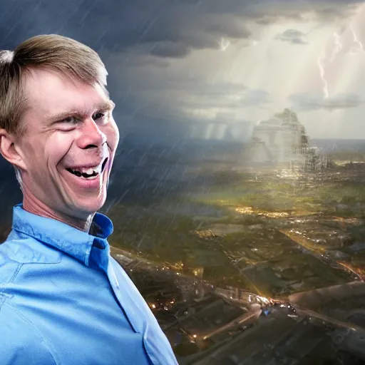 Image similar to John Carmack laughing while standing on the top of a wizard's tower in a thunderstorm. Realistic, 8k, dynamic lighting, ultrafine detail.