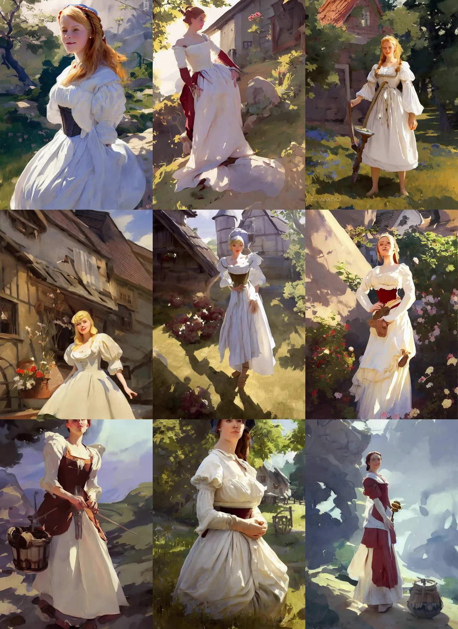 Prompt: finnish norway scandinavian attractive village maiden wearing 1 7 th century bodice in a sunny day, jodhpurs greg manchess painting by sargent and leyendecker, studio ghibli, fantasy, medium shot, asymmetrical, intricate, elegant, matte painting, illustration, hearthstone, by greg rutkowski, by greg tocchini, by james gilleard, by joe fenton